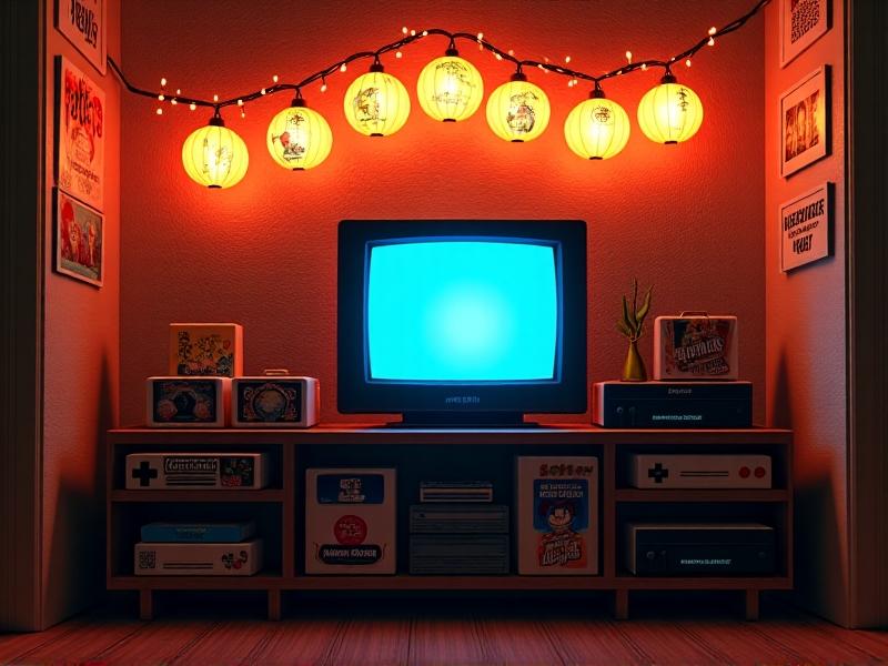A vibrant retro gaming corner featuring a vintage CRT TV, classic game cartridges, and wood-paneled consoles, illuminated by neon signs and warm fairy lights, radiating nostalgia and creative reuse.
