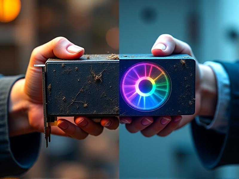 A split-image comparison: one hand holding a weathered, dust-covered GPU with frayed cables, and another hand presenting a sleek, modern graphics card with RGB lighting, against a blurred tech bench background, symbolizing technological evolution.