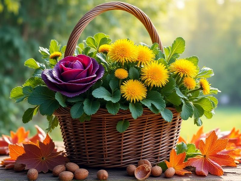 A woven willow basket filled with assorted garden waste: purple cabbage leaves, bright yellow dandelions, brown walnut shells, and green spinach stems. Dappled sunlight falls on the basket, resting on a bed of fallen maple leaves. The scene emphasizes abundance and the potential in overlooked materials.