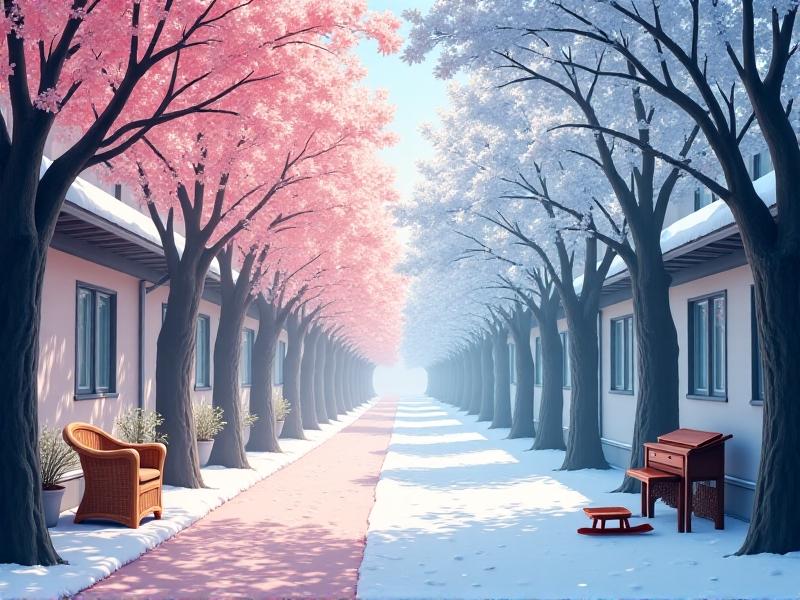 A split-screen illustration of a tree-lined street in spring and winter. The spring side blooms with cherry blossoms, a wicker armchair and potted plants on the curb. The winter side shows snow-dusted sidewalks with a discarded sled and a vintage wooden desk. Pastel colors dominate spring; cool blues and whites define winter. Both scenes include subtle digital overlays: ‘89% Spring Activity’ and ‘42% Winter Efficiency’ labels.