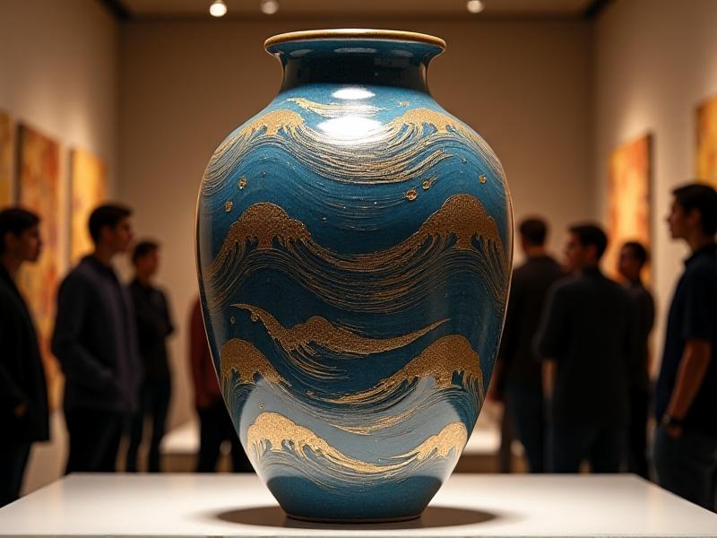 Close-up of a ceramic vase featuring glitch art patterns transitioning into traditional Japanese wave motifs, with gold foil accents catching warm ambient light in a gallery setting.