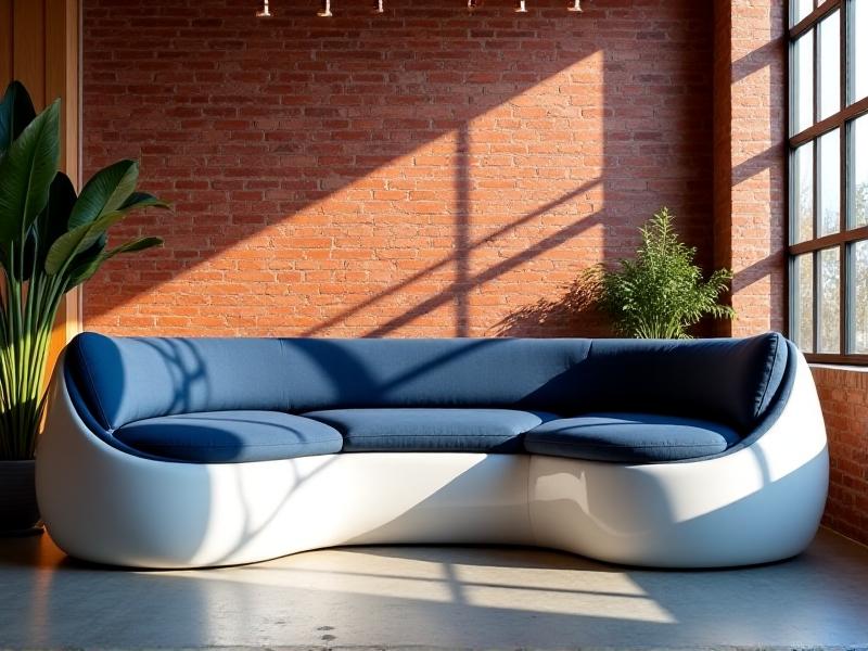 A contemporary sectional with a curved, glossy white thermoplastic shell and navy-blue recycled fabric cushions. The piece sits in a sunlit loft with exposed brick walls and copper pendant lights, showcasing a blend of industrial materials and eco-friendly design.