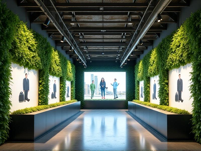 A retail store interior combining industrial steel beams with living green walls and holographic display panels, where customers interact with augmented reality product previews under track lighting.