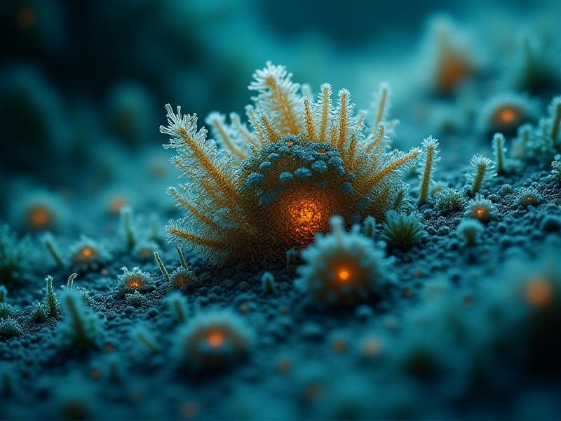 A highly magnified view of mold spores under a microscope, showcasing intricate textures and hues of green, black, and white. The background is deep blue, with soft laboratory lighting emphasizing scientific detail.