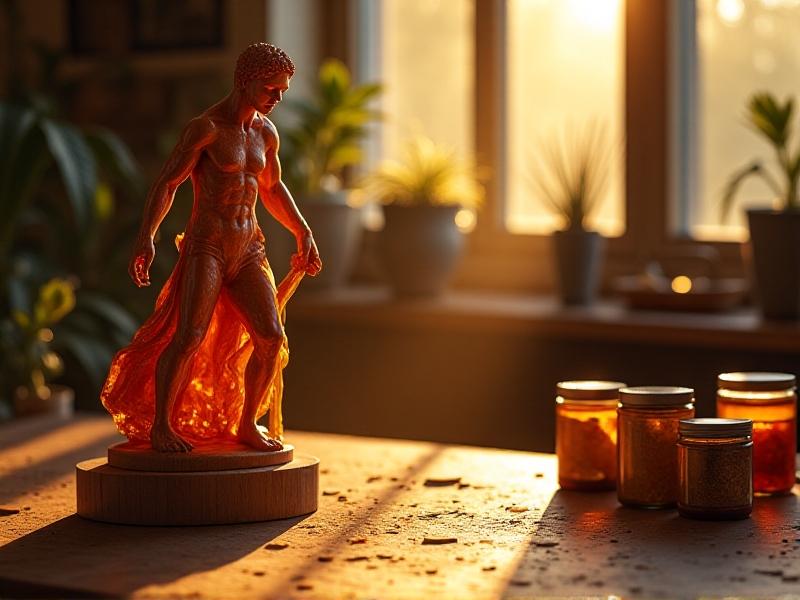 An artist’s hand brushes molten shellac onto a wooden sculpture in a sunlit studio, with jars of amber resin and finished pieces displayed on a rustic workbench. Warm lighting accentuates the material’s glossy finish and the tactile nature of the creative process.