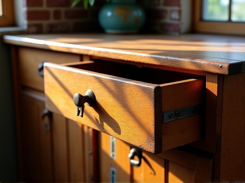 A vintage oak drawer jammed halfway open in a rustic kitchen cabinet, with visible wood splinters near the runner area. Warm natural light from a nearby window casts shadows on the uneven gap between drawer and frame, suggesting alignment issues. Faded paint and slight rust on metal components hint at age-related wear.