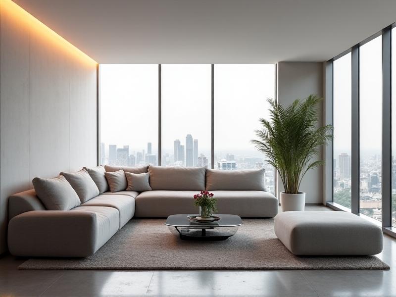 A modern studio apartment with a light-gray L-shaped sectional dividing the living and dining areas. The space features white walls, minimalist decor, and a large window with city views. Warm ambient lighting highlights the sectional's built-in storage and seamless integration with a glass coffee table.
