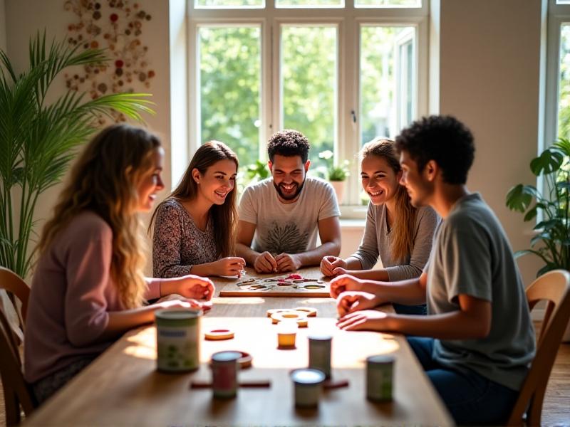 A diverse family enjoying a board game in a bright, airy living room with large windows open to a green garden. Sunlight streams onto a wooden table adorned with plants and zero VOC paint cans, emphasizing a healthy, eco-friendly lifestyle. Soft pastel tones and natural textures create a warm, inviting atmosphere.