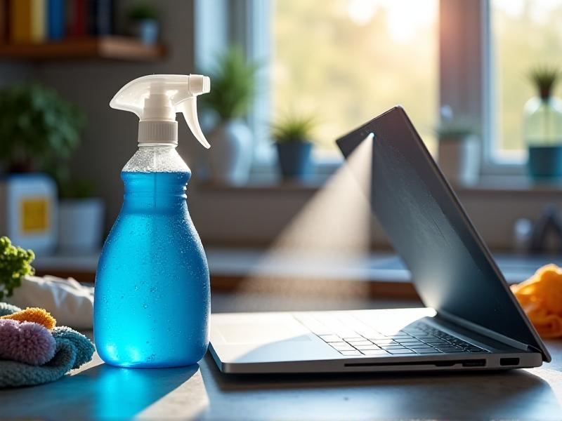 Side-by-side comparison: left, a spray bottle of blue cleaning fluid on a cluttered counter; right, a sleek steam cleaner removing a sticker from a laptop. Soft daylight emphasizes the steam’s misty texture.