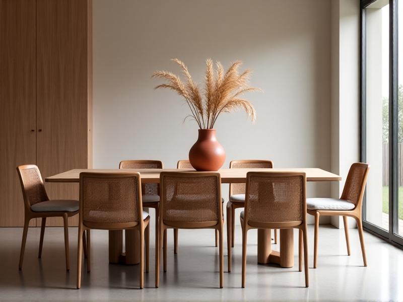 A modern dining set featuring a solid ash wood table with thin cane inlay borders, paired with upholstered chairs sporting cane-woven backrests. The neutral space is accented by a terracotta vase holding dried pampas grass, with diffused overhead lighting creating a warm, inviting atmosphere.