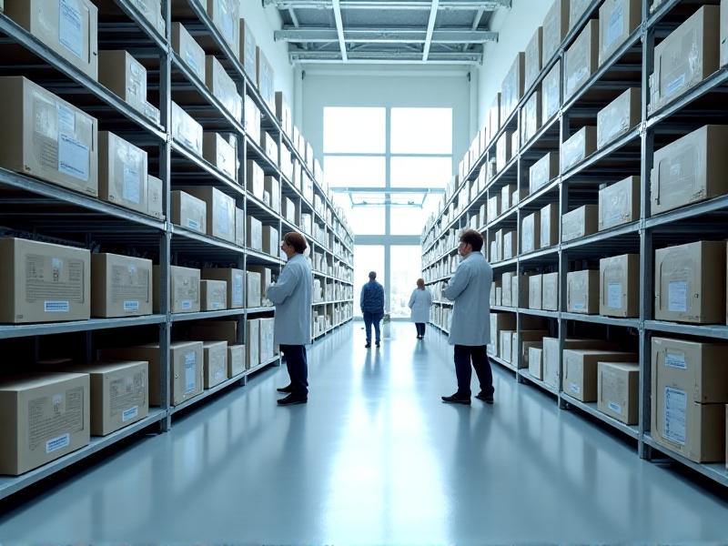 A high-tech warehouse with neatly aligned shelves, robotic arms moving boxes, and a digital dashboard displaying real-time inventory levels. Bright, even lighting and a clean minimalist design evoke efficiency and precision.