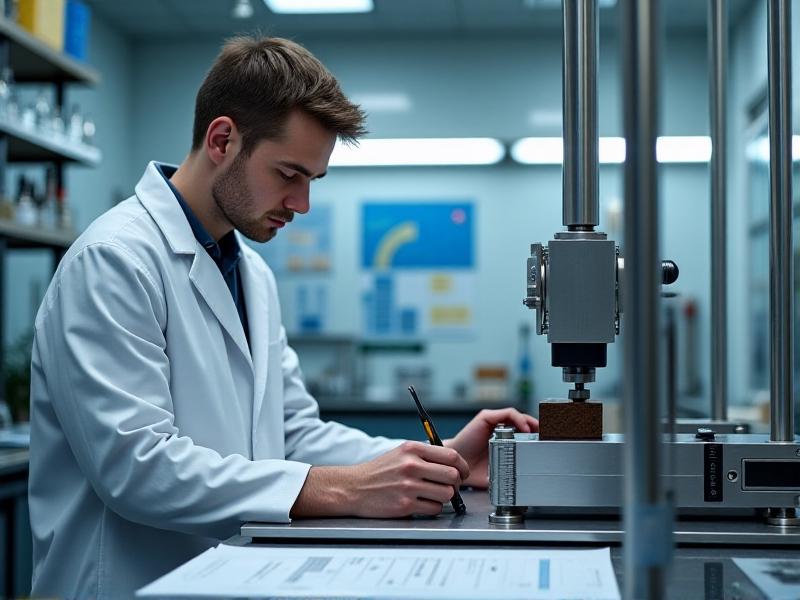 A laboratory technician in a white coat applies pressure to a coffee composite sample using a steel hydraulic press. The sample, a rectangular block with visible coffee flecks, resists deformation under bright LED lights. Tools and graphs in the background suggest rigorous mechanical testing.