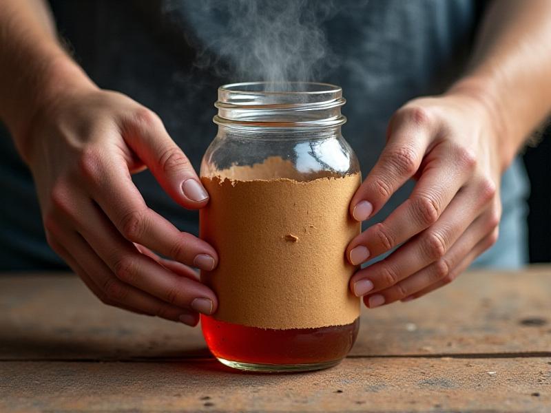 A sequence of hands demonstrating label removal: steaming a mason jar, peeling a label, and wiping residue. Each step is clearly lit with soft shadows, emphasizing texture and motion.