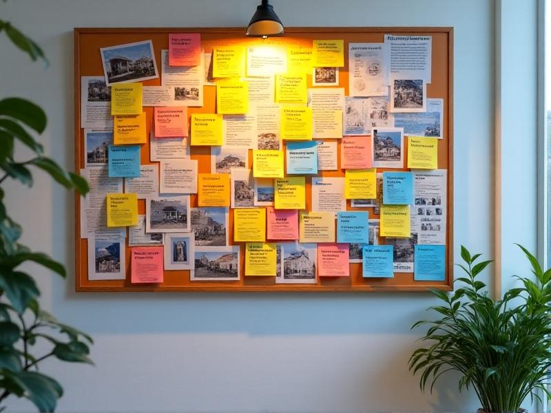 A vision board filled with sticky notes, printouts of trending graphs, and photos of renovated properties. A hand points to a highlighted section labeled 'Top Trends Q3 2024' with vibrant colors and dynamic lighting conveying creativity and strategic planning.