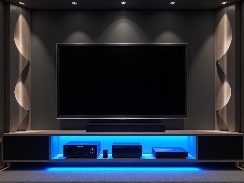 A home theater room with in-ceiling speakers embedded in geometric acoustic panels. A soundbar beneath a wall-mounted TV projects soundwaves visualized in blue light, while a minimalist rack holds an AV receiver and streaming devices, all in a monochromatic palette.