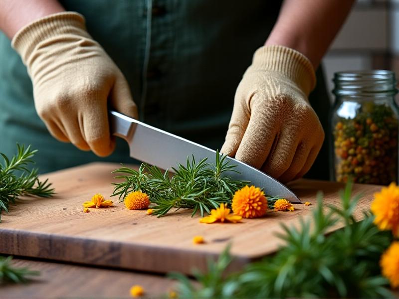 Close-up of hands wearing garden gloves chopping fresh rosemary stems and marigold flowers on a weathered cutting board. Flecks of green and yellow cling to a stainless steel knife. The background shows mason jars filled with sorted plant materials, conveying methodical preparation.