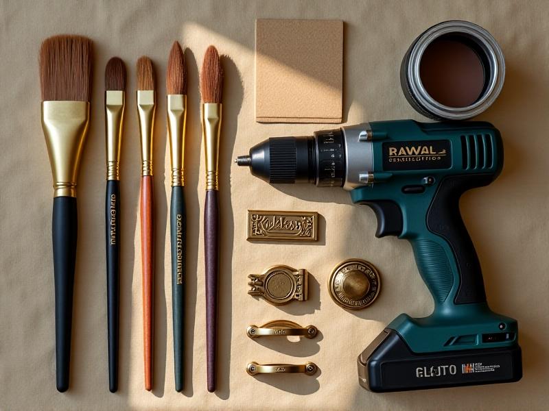 An organized assortment of tools and materials laid out on a drop cloth: paintbrushes, sandpaper, brass drawer pulls, black matte paint cans, and a cordless drill. Soft natural light highlights the textures, suggesting readiness for a creative project.
