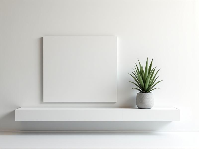 A stark white wall with a floating media console in matte white, housing a slim soundbar and gaming console. The TV appears frameless, almost like a painting, with cables routed through the wall. A single succulent in a ceramic pot adds a touch of organic warmth.