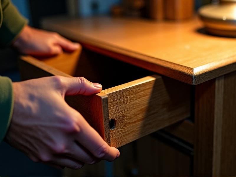 Close-up of a craftsman’s hands assessing a vintage oak dresser drawer. The image highlights warped wood grain, a missing knob, and a metal runner stained with rust, illuminated by a warm task lamp.