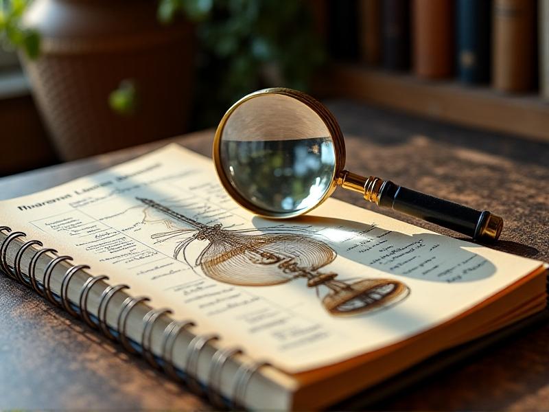 A detailed notebook open to a page with sketches and notes describing a vintage lamp, including dimensions, materials, and designer names. A magnifying glass rests on the page, with soft natural light filtering through a nearby window, evoking a meticulous and organized atmosphere.