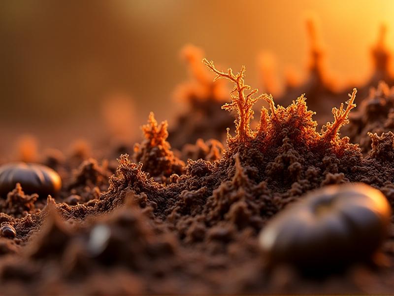 A close-up of coffee grounds magnified to show tannin molecules interacting with wood fibers, illustrated in a scientific diagram style. Warm brown and gold hues dominate, with labels highlighting chemical bonds and texture details.