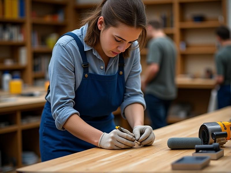 A person wearing gloves applying adhesive to a plywood board, with a pre-cut laminate sheet nearby. Tools like a roller, utility knife, and measuring tape lie on a workbench. Warm workshop lighting casts shadows, emphasizing the hands-on process.