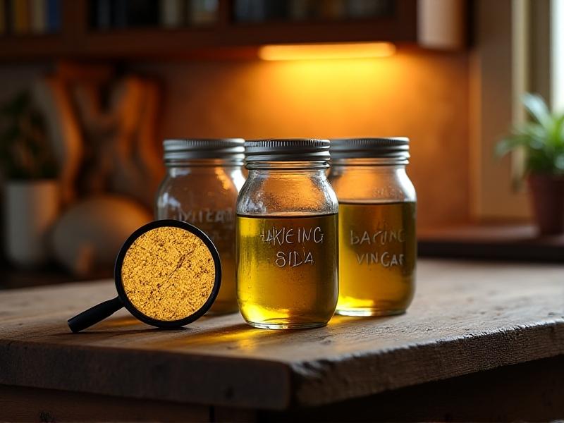 A rustic kitchen counter with jars labeled 'olive oil,' 'baking soda,' and 'vinegar,' alongside a magnifying glass revealing microscopic wood fibers. Warm lighting creates a cozy, educational atmosphere.