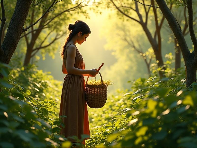 A farmer in a sunlit forest uses a curved blade to scrape resin-coated branches into a woven basket, surrounded by lush greenery. The image captures the labor-intensive process with earthy tones and dynamic shadows, highlighting the human role in sustainable material sourcing.