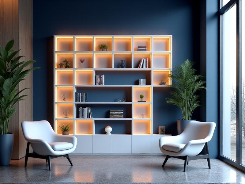 Modular white shelving units with embedded LED lighting and wireless charging panels, arranged in a geometric pattern on a navy-blue accent wall, surrounded by mid-century modern chairs and a terrazzo floor, showcasing futuristic minimalism.