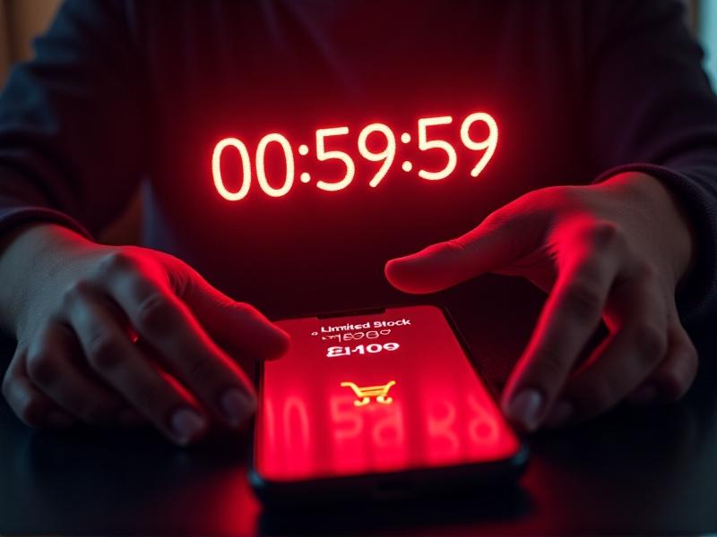 A digital screen displaying a red countdown timer at 00:59:59 next to a ‘Limited Stock’ banner. The timer’s glow reflects on a smartphone showing a shopping cart, with blurred hands tapping urgently. Dark background with neon accents evokes tension and immediacy.
