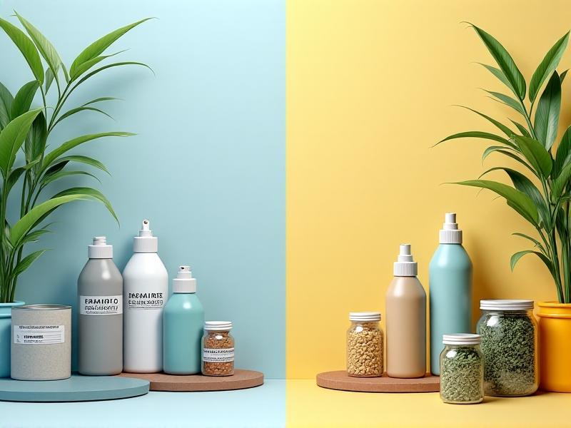A split-view infographic showing common household VOC sources on the left (paint cans, vinyl flooring, cleaning sprays) and their zero VOC alternatives on the right (plant-based cleaners, bamboo flooring, and glass jars with herbs). The contrast is highlighted with a muted color palette for hazards and vibrant eco-friendly hues for solutions.