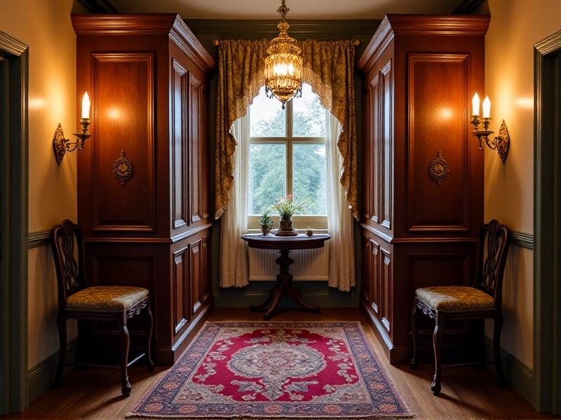 An early 20th-century Murphy bed crafted from dark oak, folded vertically into a wall cabinet adorned with floral engravings, situated in a cozy attic room with brass wall sconces and a Persian rug, capturing vintage ingenuity.