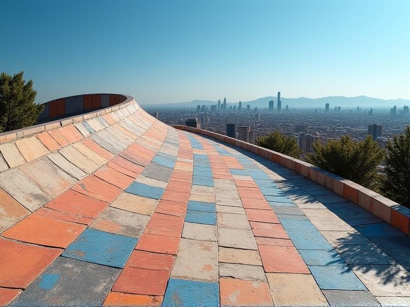 A sweeping modern roof composed of thousands of mismatched reclaimed ceramic tiles in terracotta, cobalt, and cream. The tiles form a gradient pattern across the roof’s wave-like structure, photographed under a clear blue sky with Barcelona’s skyline in the background.