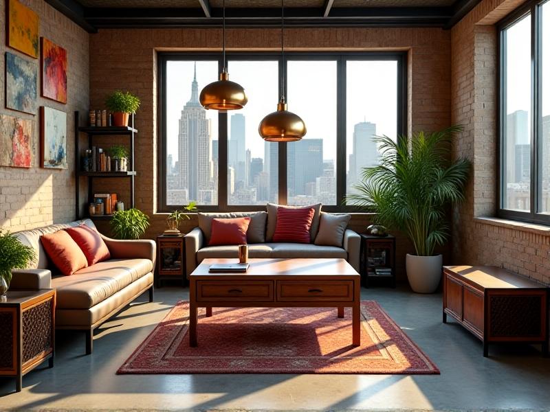 A walnut coffee table with a lift-top mechanism reveals a built-in desk compartment and USB ports, placed in a sunlit loft with industrial-chic decor, copper pendant lights, and abstract art, blending rustic warmth with tech-savvy utility.