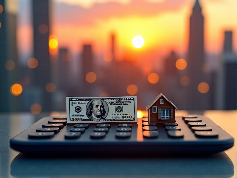 A stack of hundred-dollar bills next to a miniature house model on a calculator, surrounded by upward-trending graphs. The background features a blurred cityscape at sunset, symbolizing growth and investment opportunities. Golden-hour lighting highlights prosperity and strategic financial gains.