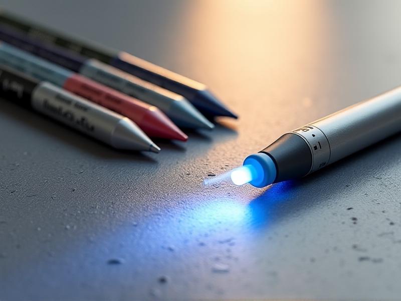 A modern scratch repair kit featuring color-adjustable markers, wax sticks, and a UV light pen placed beside a scratched laminate floor. Clean, bright studio lighting highlights the sleek product design. Style: Minimalist, high-contrast, with a focus on geometric shapes and synthetic materials.