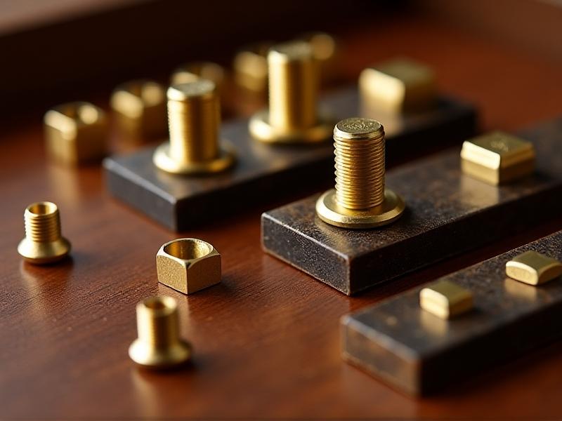 A selection of gold-coated screws, beeswax blocks, and brass threaded inserts arranged on a polished mahogany surface. Soft diffused lighting highlights the materials’ sheen, conveying a focus on long-term furniture care.