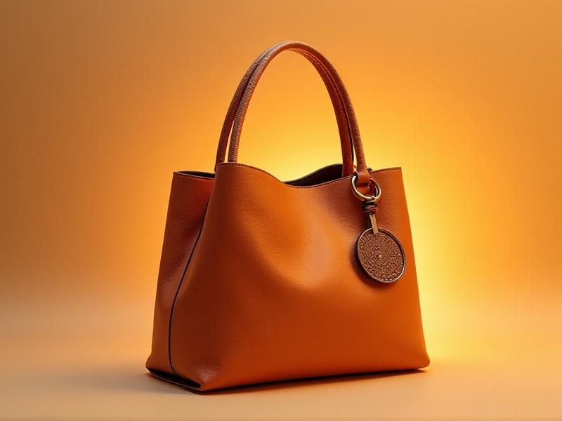 A sleek vegan handbag with mushroom leather accents, including a textured strap and branded tag, displayed against a neutral backdrop with warm lighting accentuating its sophisticated, eco-conscious design.