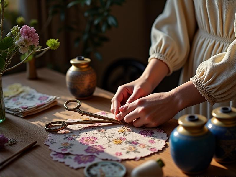 Hands wearing embroidered gloves carefully stitch a patch onto a worn velvet armchair. A wooden table holds antique tools: brass scissors, a thimble, indigo dye jars, and a spool of unbleached cotton thread. Faded floral fabric swatches are pinned to a corkboard background.