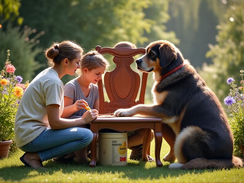 A family painting a vintage chair outdoors using plant-based strippers, with a dog nearby. Bright daylight, lush garden background, conveying safety and eco-conscious living. Soft, cheerful tones evoke trust and well-being.