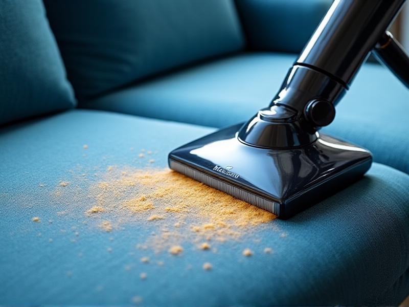 A professional-grade steam cleaner emitting vapor onto a smoke-damaged sofa cushion, with a close-up view of dirt being extracted into a transparent water tank. The image has high contrast between the clean blue fabric and yellowish stains, with dynamic motion blur on the steam wand.