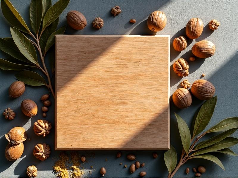 An assortment of natural scratch camouflage materials arranged on a kitchen counter: coffee beans, tea leaves, walnuts, and mustard powder beside a scratched wooden board. Warm, natural lighting enhances the earthy palette. Style: Flat lay composition with a focus on organic textures and muted tones.