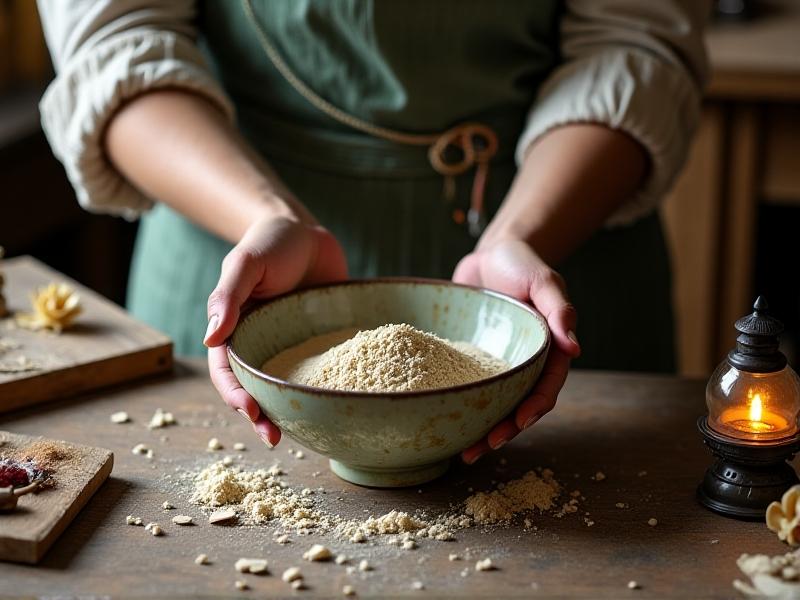 A artisan’s hands mixing milk paint powder with water in a ceramic bowl, with wood shavings and brushes scattered on a rustic workbench. Soft focus on the textured paint mixture conveys tactile creativity.
