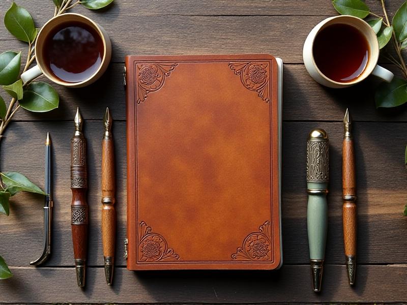 A flat-lay arrangement of leather-bound journals, fountain pens, and coffee cups on a rustic wooden table. The composition uses the rule of thirds, with key elements placed along intersecting grid lines. Earthy tones and soft natural light create a cozy, intellectual atmosphere.