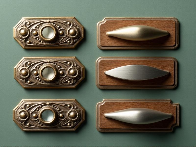A collage of hardware through the decades: Victorian-era bronze drawer pulls with floral engravings, Art Deco chrome cabinet handles with geometric lines, and 1950s brushed-aluminum lever handles on a teak surface, arranged on a muted green background with soft shadowing.
