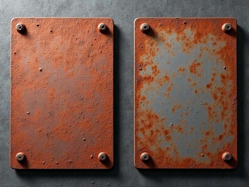 Side-by-side comparison of a perfectly rusted metal plate and a failed attempt with uneven blotches. The successful sample has cohesive reddish-brown textures, while the flawed piece shows grayish patches and water spots. Lighting emphasizes contrasts for educational clarity.