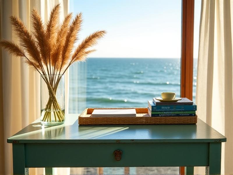 A transformed 90s metal desk painted in soft seafoam green, topped with a woven rattan laptop tray, a stack of coffee table books on marine life, and a clear vase holding dried pampas grass, positioned near a large window with billowing white curtains and a view of ocean waves.