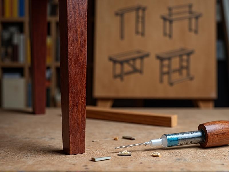 A mahogany chair leg with a disassembled mortise-and-tenon joint, surrounded by wood shims and a syringe of epoxy. The background features a chalkboard sketch of reinforcement techniques.