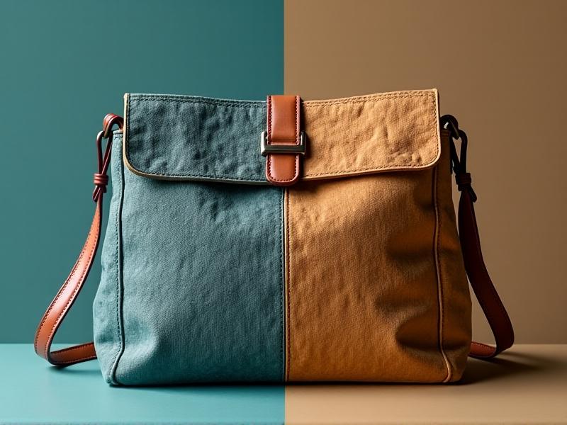 A split-screen comparison showing a raw photo of a wrinkled fabric handbag beside its edited version with enhanced vibrancy, removed blemishes, and sharpened details. The edited image has balanced exposure and a muted teal-and-sand color grade, conveying sophistication and attention to detail.