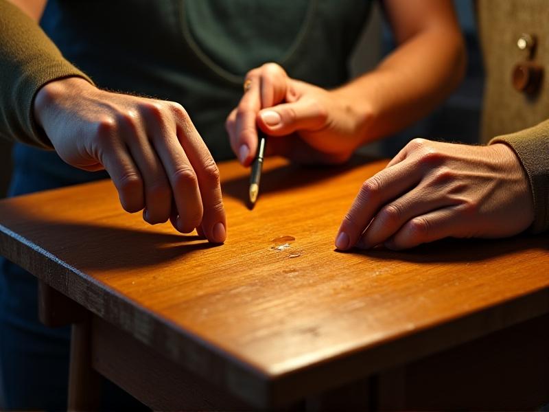 A close-up of hands applying boiled linseed oil to a mid-century teak chair seat using a lint-free cloth. The wood's grain darkens and becomes more pronounced as the oil absorbs, with droplets glistening under a pendant lamp's warm light. A workspace cluttered with sandpaper, gloves, and a half-restored chair frame blurs in the background.